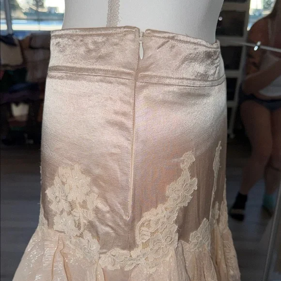 Free People Champagne Lace-Trim Asymmetrical Satin Dress - Picture 13 of 15